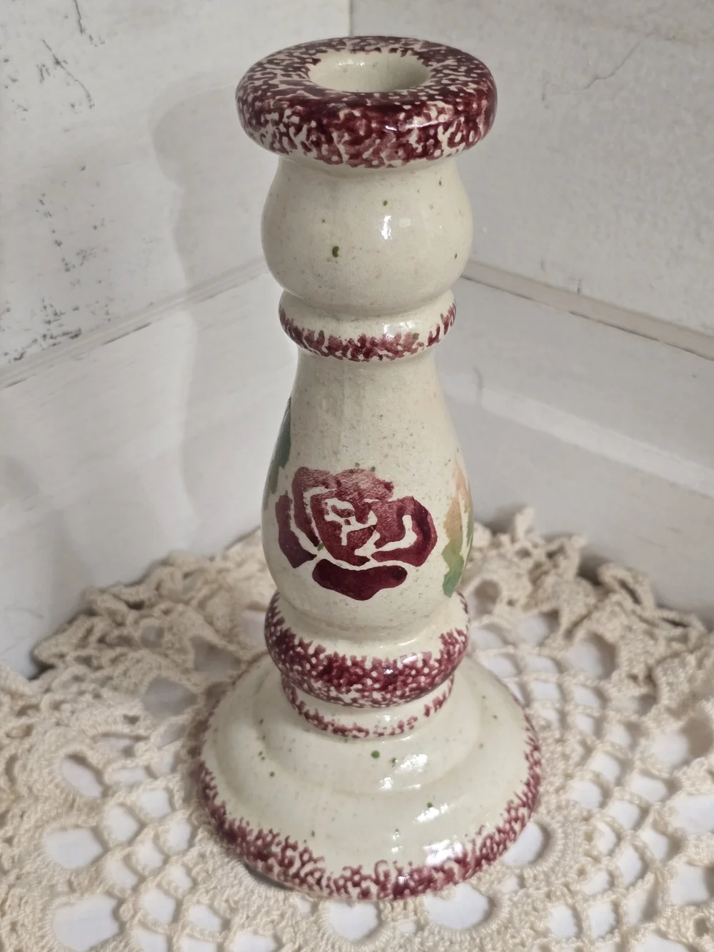 Hand-Painted Floral Ceramic Candle Holder - Cream and Burgundy - Cottagecore